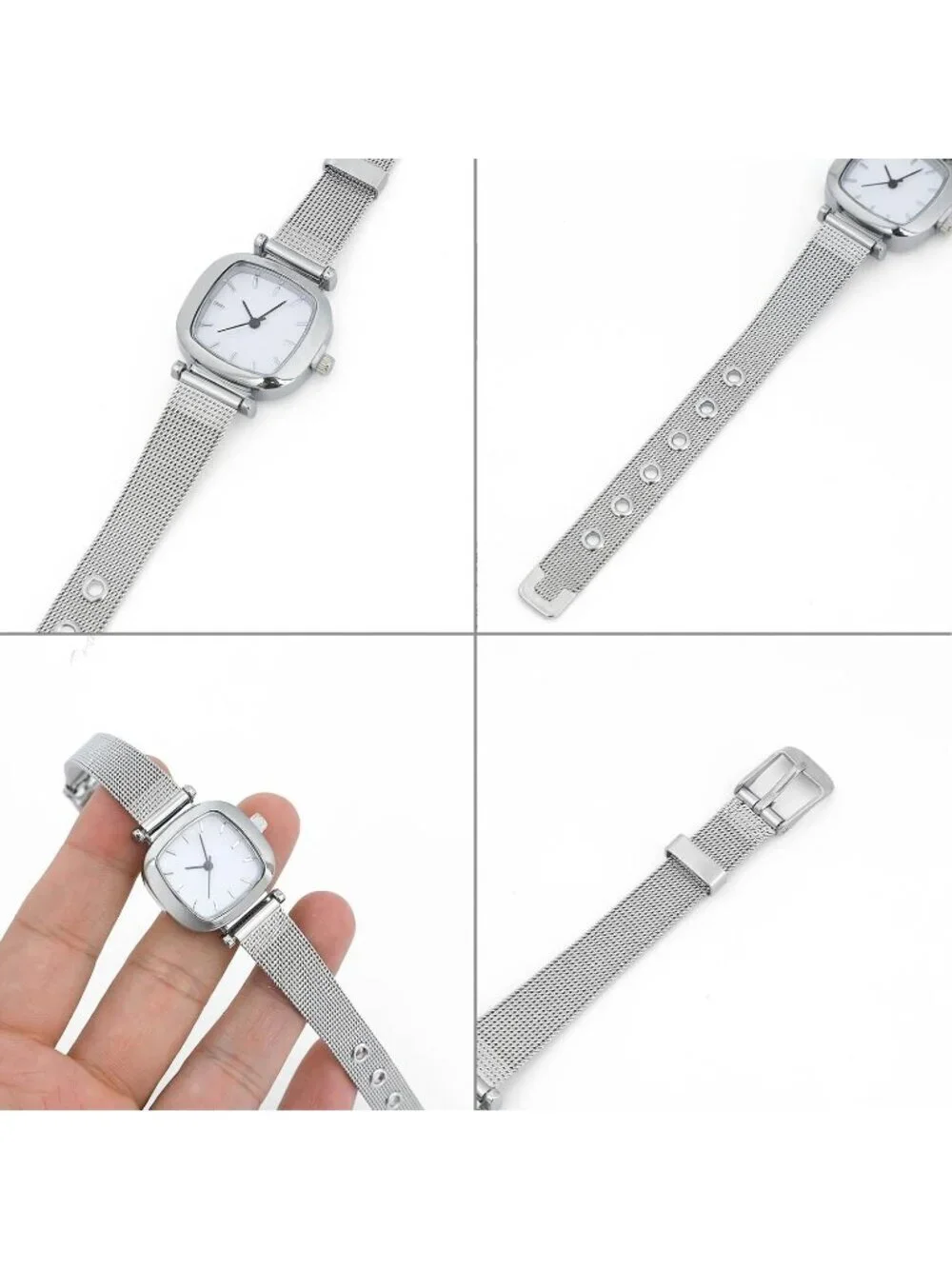 Women Silver Jewelry Stainless Steel Diamond Bangle Bracelets Set Square Watch